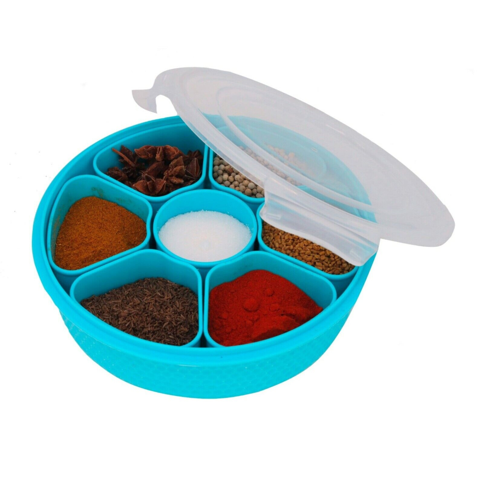 (Plastic Spice Tin Masala Dabba 7 Spices Box Storage Transparent Lid Indian) Plastic Spice Tin Masala Dabba 7 Spices Box