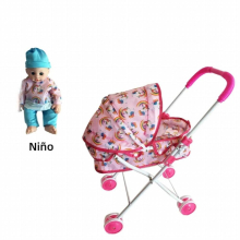 Baby Carriage stroller with folding lid with a child or girl doll 32Cm x 10Cm with 4 swivel wheels for stability
