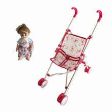 Baby Carriage stroller without folding lid with a boy or girl doll 32Cm x 10Cm with 4 swivel wheels for stability