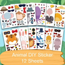 12 Sheets/Set Cartoon Animal Puzzle DIY Make a Face Sticker for Kids Funny Games Assemble Stickers