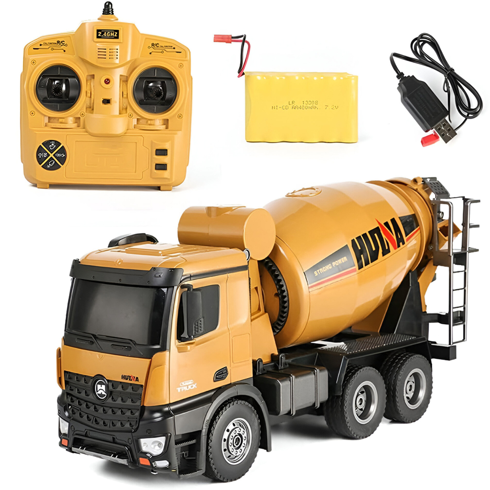 Rls Huina 1574 1:14 Scale Rc 10- Channel Radio Controlled Diecast Heavy Duty Metal Cement Mixer Truck Toy With Lights And Sound