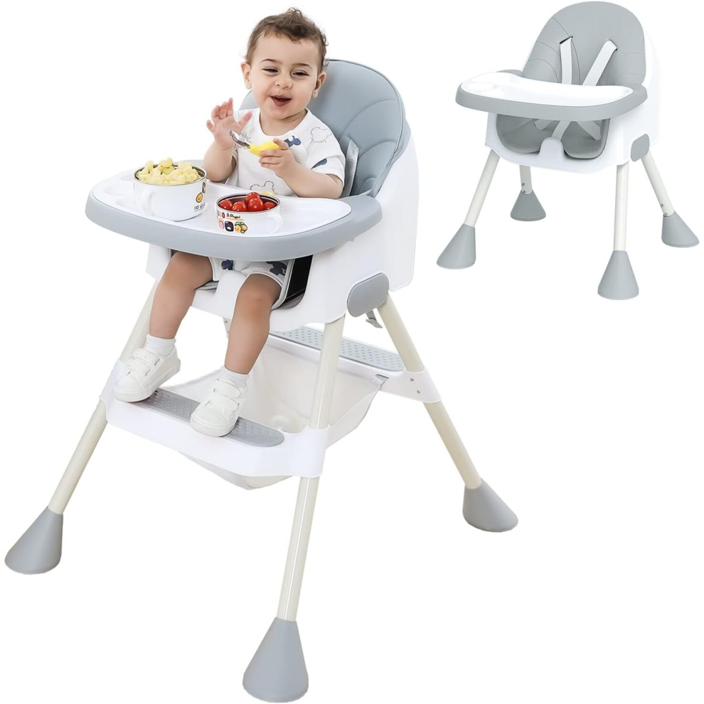 (Grey) UBRAVOO 2-in-1 Baby High Chair 6 Months Plus for Babies and Toddlers with Footrest, Detachable Double Tray