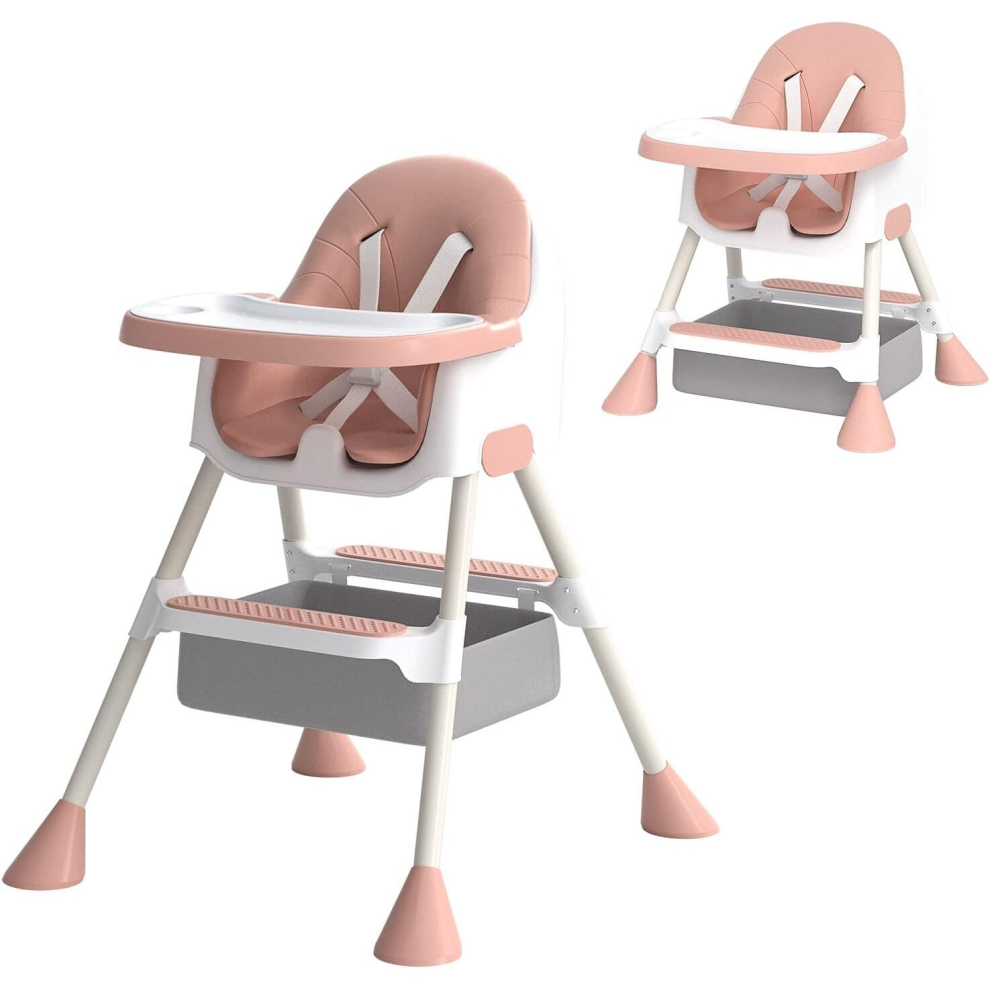 (Pink) UBRAVOO 2-in-1 Baby High Chair 6 Months Plus for Babies and Toddlers with Footrest, Detachable Double Tray