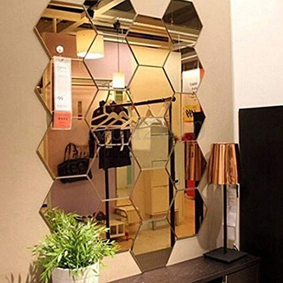 12 Pack Acrylic Hexagon Mirror Wall Stickers - Home Decor For Living Room (gold)