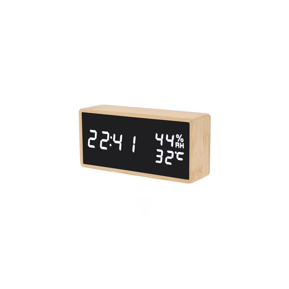 Wood Bamboo Digital Clock Adjustable Brightness Voice Control
