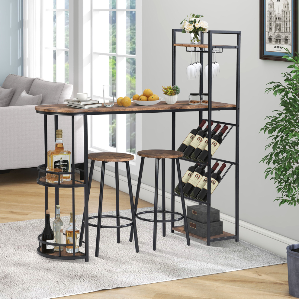 Industrial Bar Table Set with 2 Chairs, Wine Rack, and Side Storage