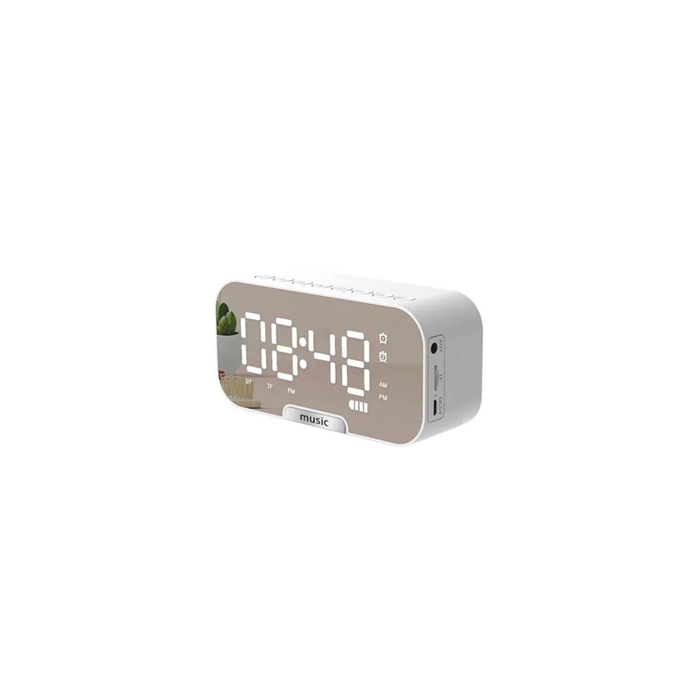 (White) Digital Alarm Clock with BT Speaker & FM Radio Portable Music Player