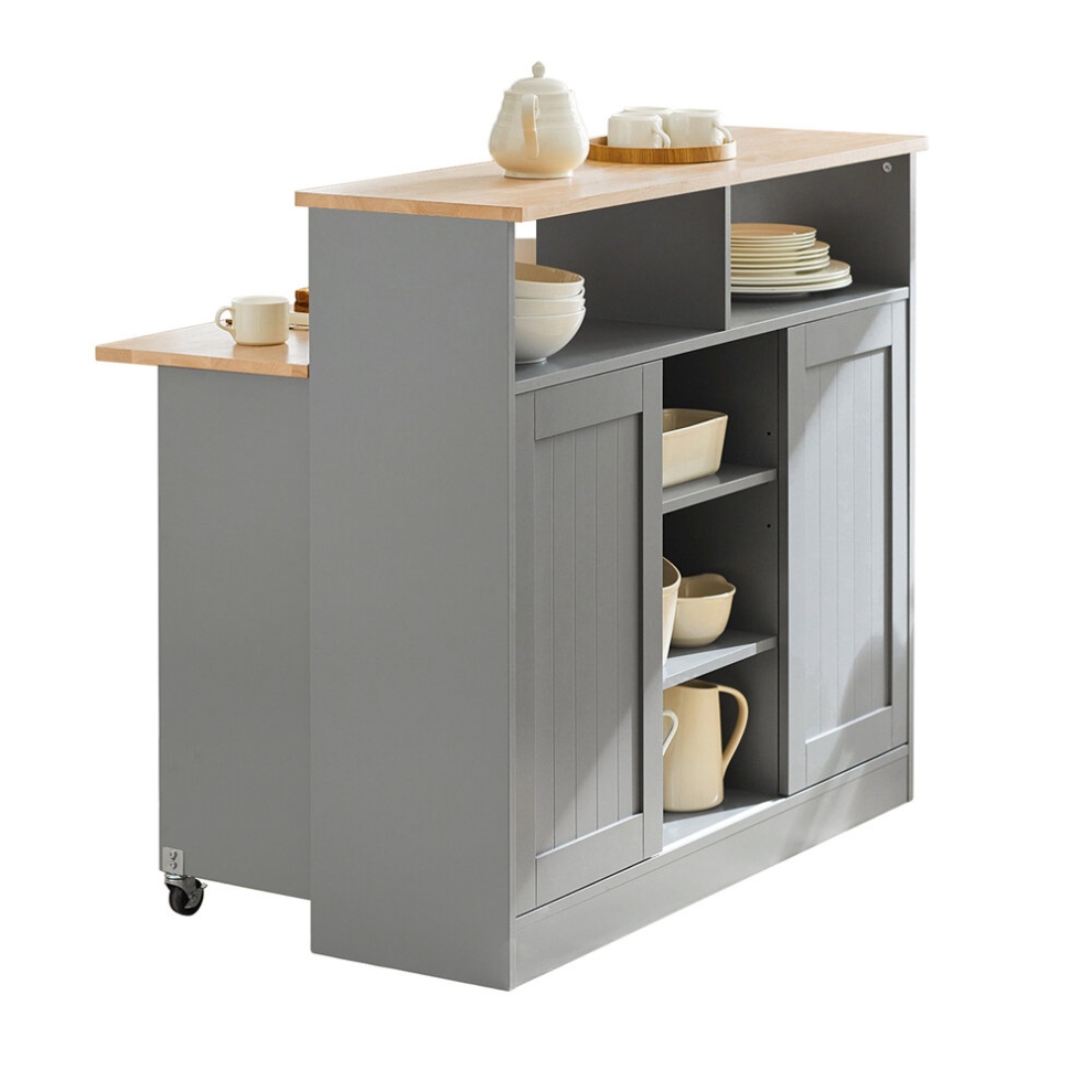 SoBuy FSB36-HG, Kitchen Island Sideboard with 2 Sliding Doors and Foldable Worktop,Grey & Natural