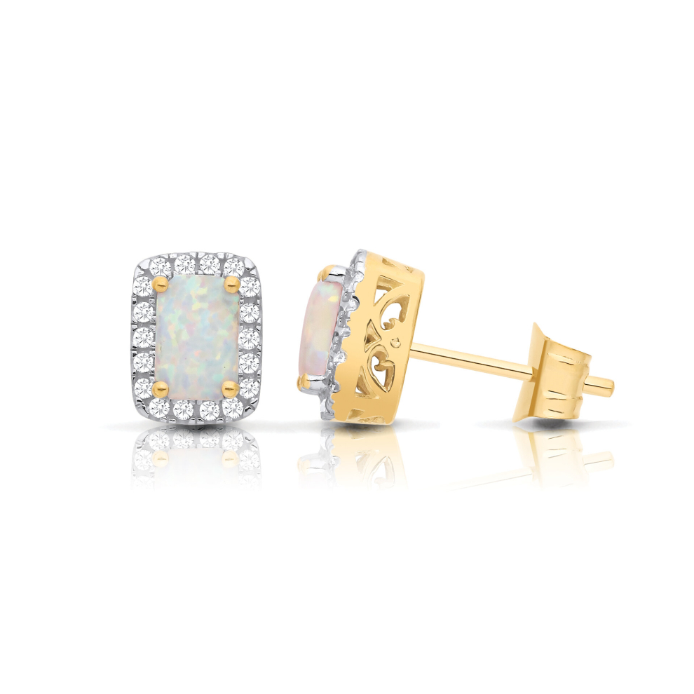 Jewelco London 9ct Gold CZ Clawset Studs With Created Emerald Cut Created Opal Stone Centre Stud Earrings - G9E8100OP