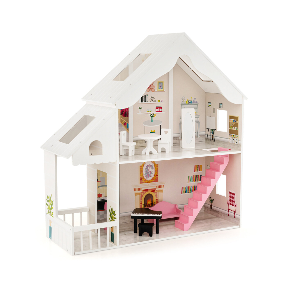 Wooden Dollhouse Kids Semi-Opened DIY Dollhouse w/ Simulated Rooms & Furniture