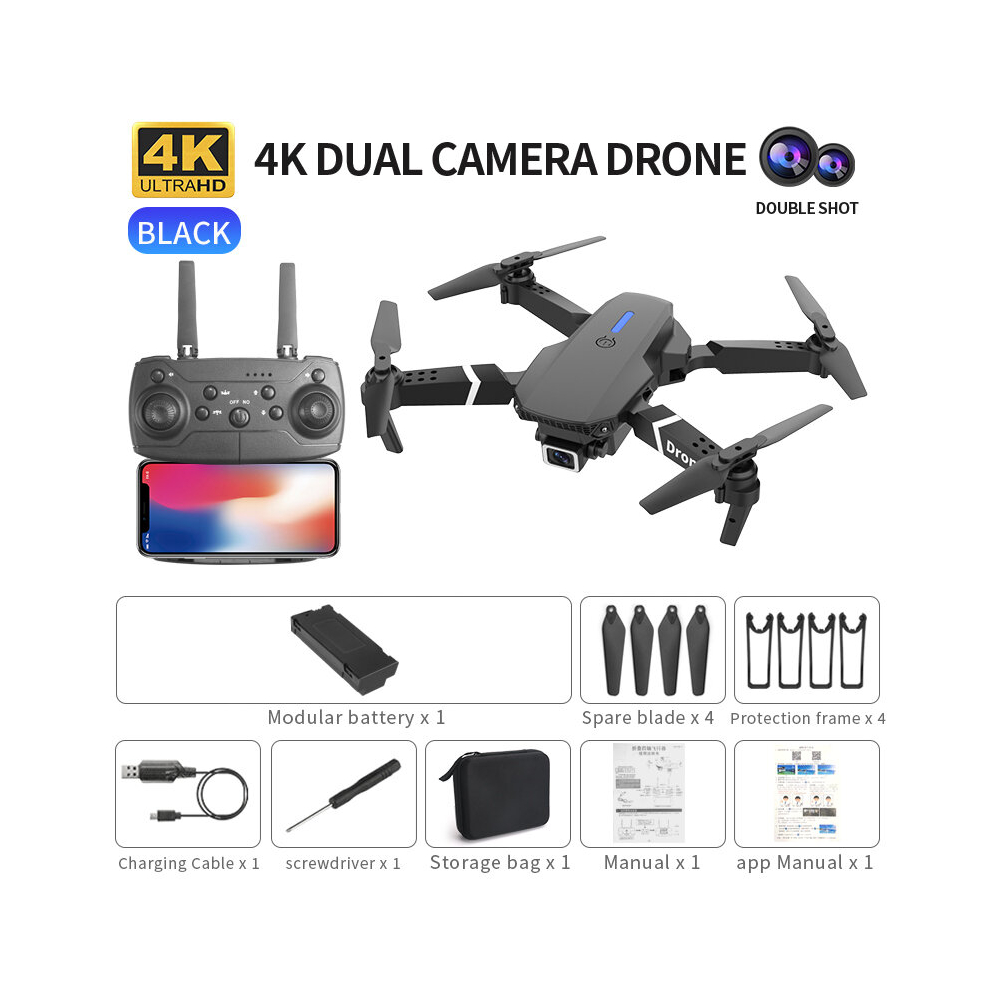 (Black) Mini Drone Foldable Rc Quadcopter Helicopter With 4K Hd Dual Camera For Kids Adults Black