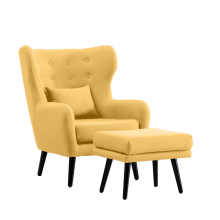 WINSLOW WING BACK OCCASIONAL BEDROOM LIVING ROOM BUTTON BACK LINEN FABRIC ACCENT CHAIR ARMCHAIR (Mustard w Footstool)