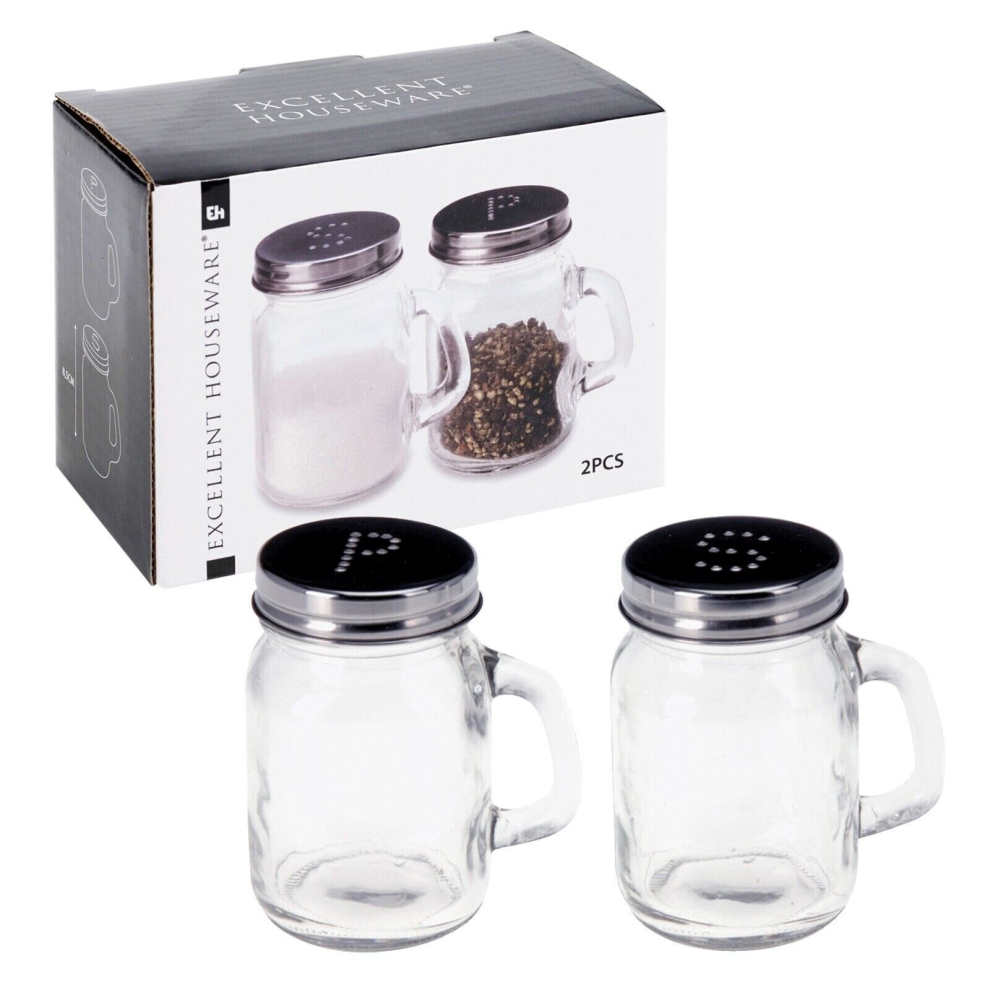 Excellent Houseware Salt And Pepper Shaker Pots Set Glass Dispenser Cruet Mason Jar X2