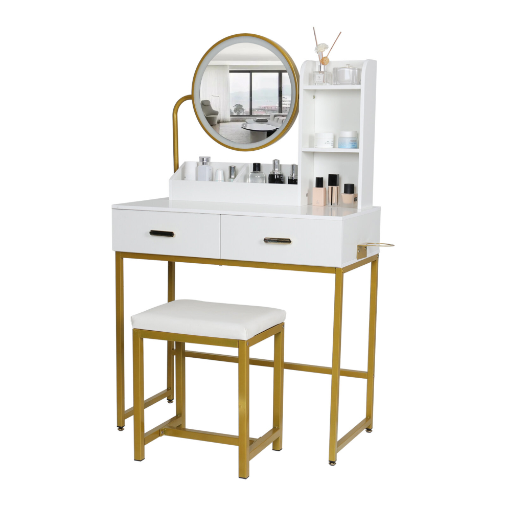 LED Lighted Dressing Table Set with Stool 2 Drawer & Hair Dryer Rack