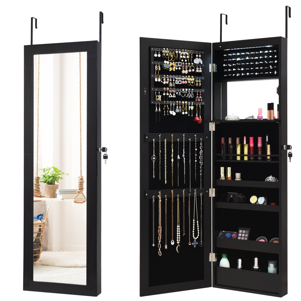 Wall-mounted Jewelry Storage Cabinet Door Hanging Armoire w/ Full Mirror