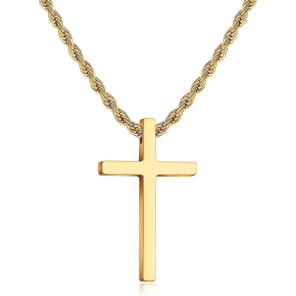 (Gold, 16 Inches) Cross Necklace For Men,stainless Steel Black Silver Gold Cross Pendant Necklace For Men Boys Cross Chain For Men 16-24 Inches Rope Chain
