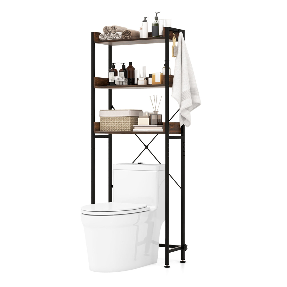 3-Tier Over-The-Toilet Storage Shelf Space Saving Bathroom Organizer w/ 4 Hooks