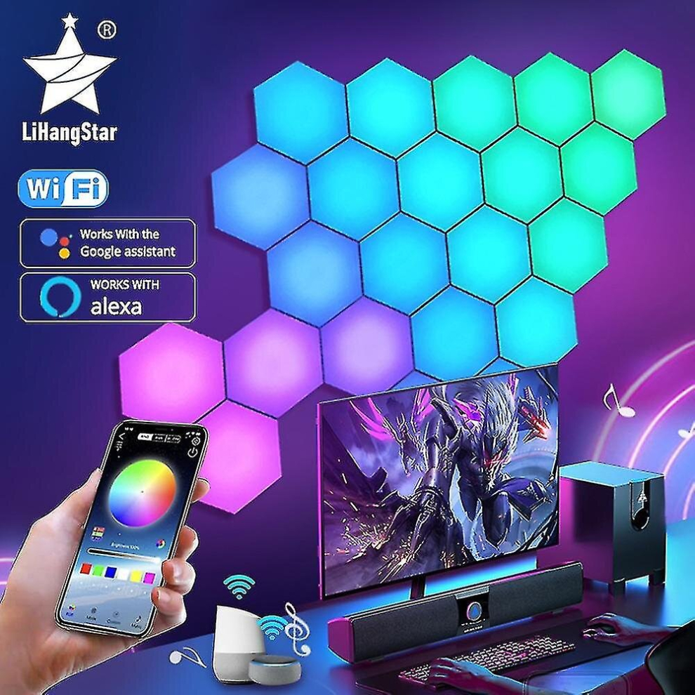 (WIFI voice control, 3PCS) Hexagon Lights Gaming - Rgb Led Hex Light Panels Hexagon Smart Wall Lights Sync To Music For Room Bar Decor Gaming Setup