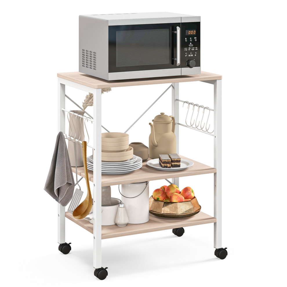 3 Tier Rolling Serving Cart Utility Storage Kitchen Trolley Organiser W/ 10 Hooks