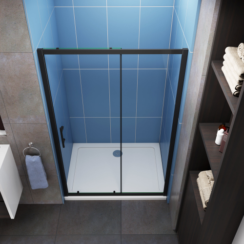 AICA (1400mm) Matt Black Frame Bathroom Sliding Shower 1