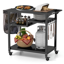 Portable Grill Cart Outdoor Pizza Oven Table Movable BBQ Cart w/ Shelves & Hooks
