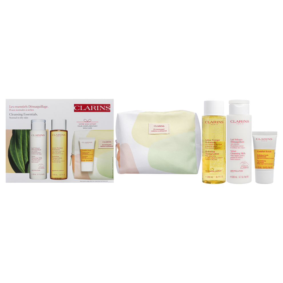 Cleansing Essentiels Set - Normal to Dry Skin by Clarins for Women - 4 Pc 6.7oz Velvet Cleansing Milk, 6.7oz Hydrating Toning Lotion, 0.4oz Comfort Sc