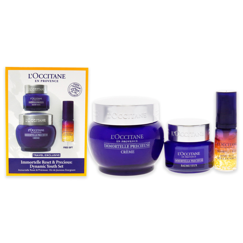 Immortelle Reset and Precious Dynamic Youth Set by LOccitane for Unisex - 3 Pc 0.16oz Overnight Reset Oil-In-Serum, 0.5oz Precious Eye Balm, 1.7oz Pre