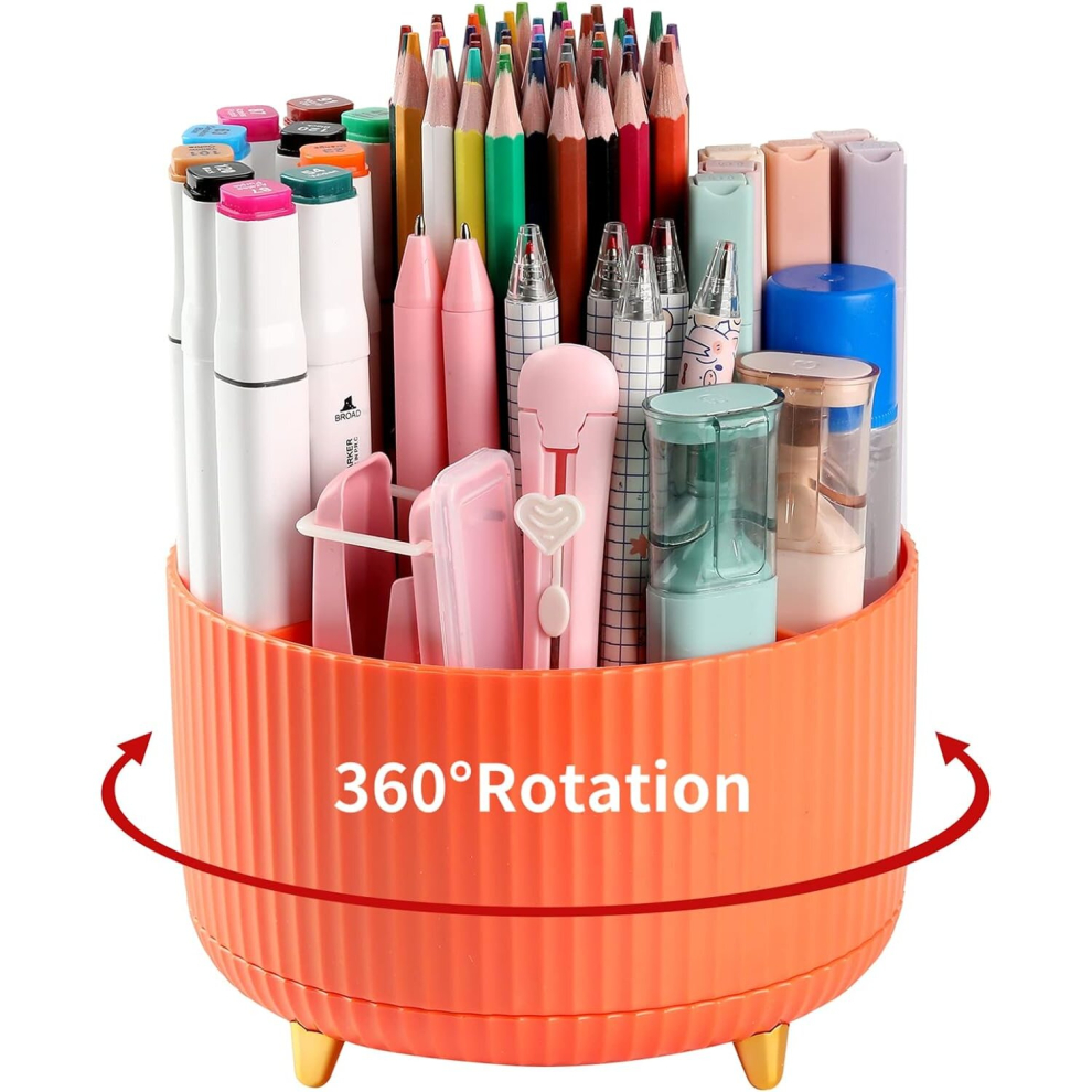 Desk Pencil Pen Holder, 5 Slots 360¡ãDegree Rotating Pencil Pen Organizers for Desk, Desktop Storage Stationery Supplies Organizer,  Orange-image-OPC-PD2KBTY-NEW