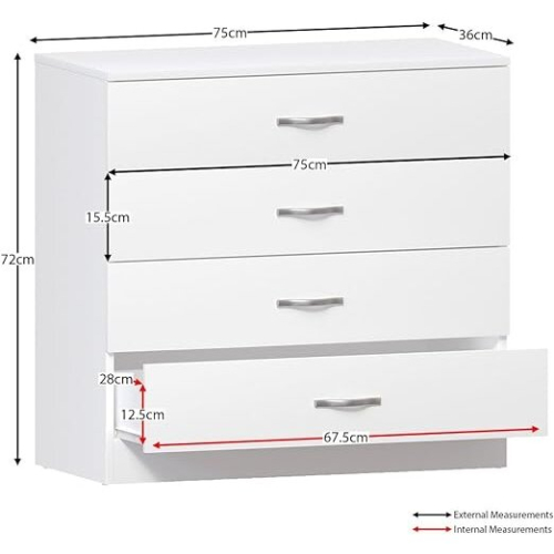 White Chest Of Drawers, 4 Drawer With Metal Handles & Runners, Unique ...