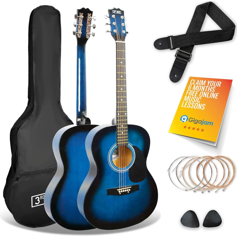 Avenue Full Size 4/4 Acoustic Guitar Steel String Pack Bundle for Beginners - 6 Months FREE Lessons, Bag, Picks and Spare Strings - Blue