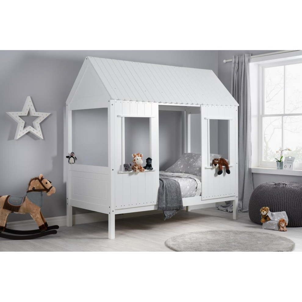 White Single Bed Frame Birlea Treehouse 3FT 90cm Wood Canopy Kids Solid