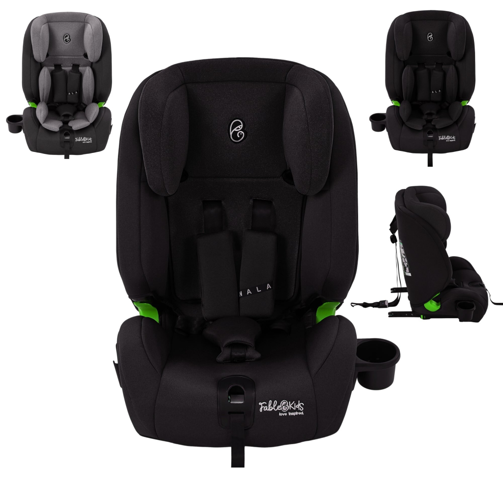 FableKids child car seat with Isofix | Car seat for children 76-150 cm | 3-point safety harness | 8-way adjustable headrest & cup holder | Black