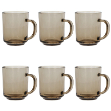 Smoked Brown Glass Mugs 225ml - Set of 6 with Wide Handles, Durable Transparent Glass for Coffee/Tea/Latte - ZB24S