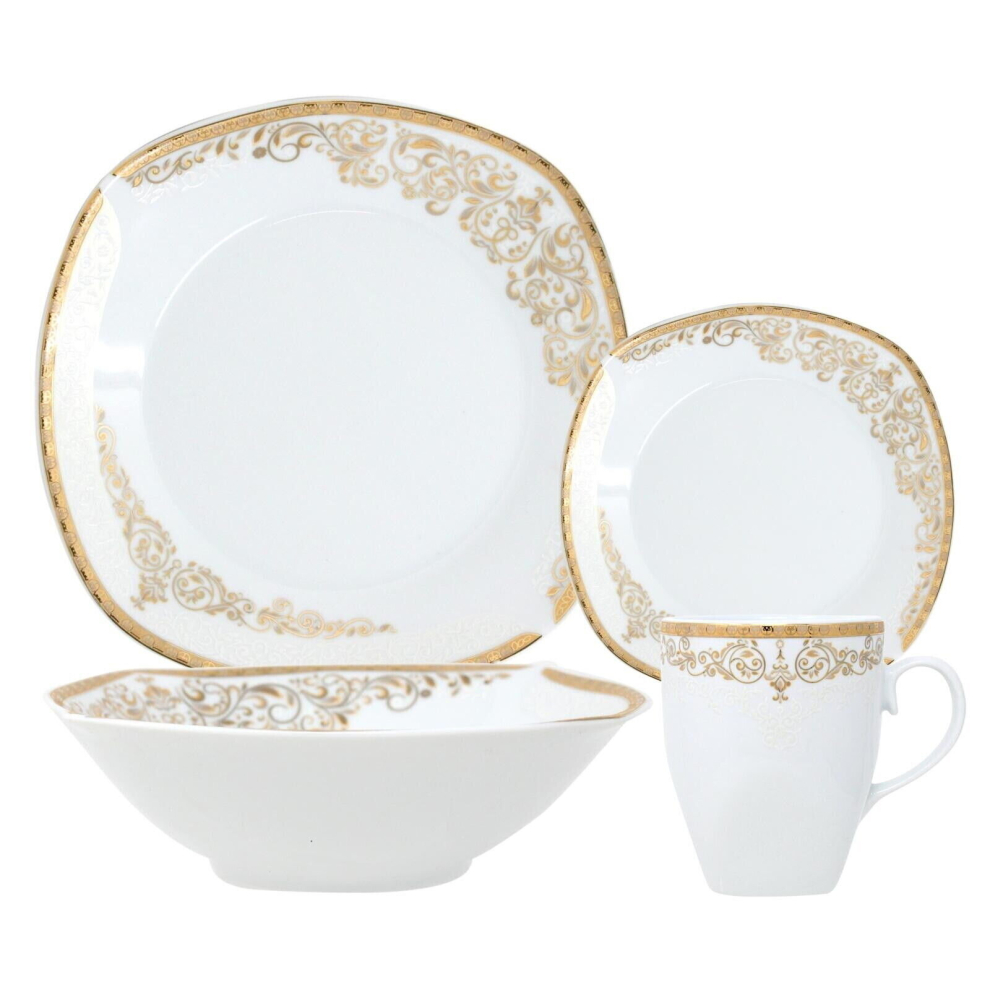 (Donya) 16PC Square Dinner Set Porcelain Dining Soup Plate Bowl Mug Dinnerware Printed