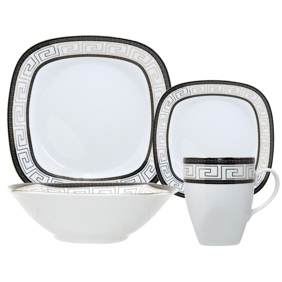 (Saya) 16PC Square Dinner Set Porcelain Dining Soup Plate Bowl Mug Dinnerware Printed