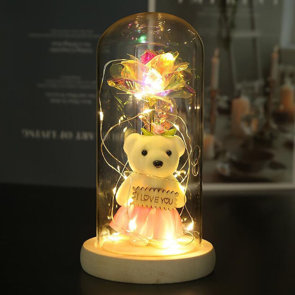 LED Rose Gifts for Her Gold Foil Rose Bear in Glass Dome Birthday Christmas Gift