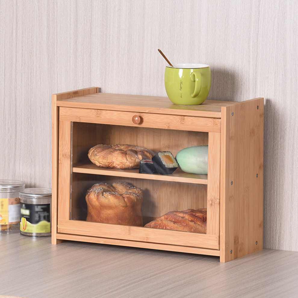 Double Decker Wooden Bread Bin Clear Front Kitchen Food Loaf Storage Container