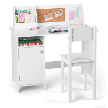 Kids Desk & Chair Set - Wooden Study Table 90x45 cm with Cork Bulletin Board, Storage Cabinet, Ergonomic Chair, White