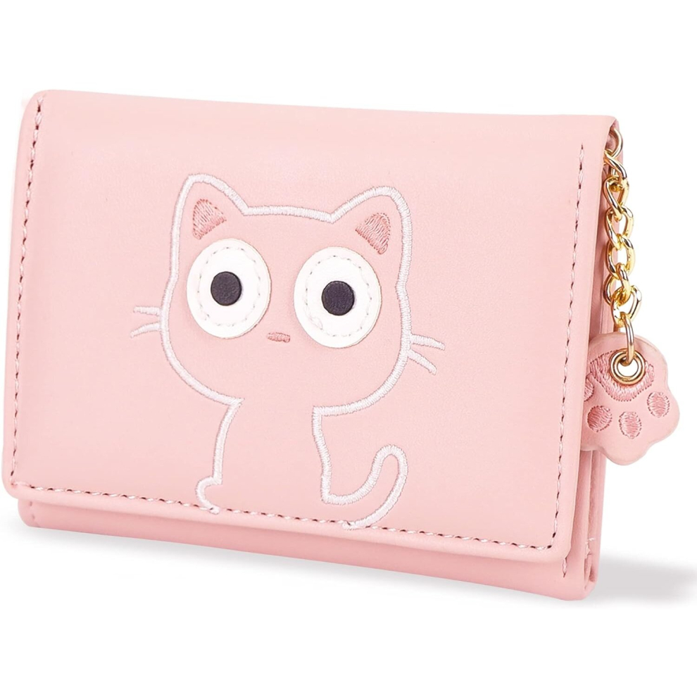 Conisy Cute Slim Womens Leather Wallet,Small RFID Blocking Trifold Wallets for Girls and Ladies with ID Window (cat Pink)