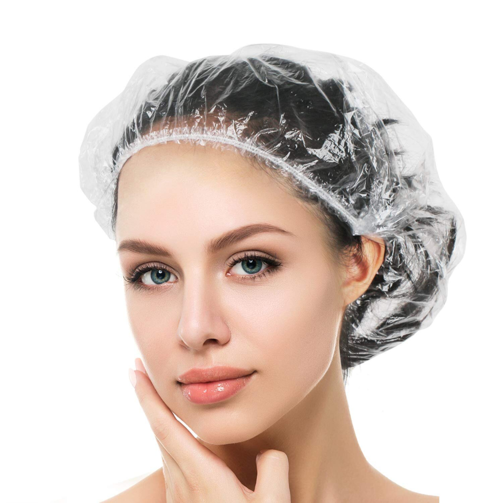 100PCS Disposable Shower Caps, Plastic Clear Hair Cap Large Thick Waterproof Bath Caps for Women, Hotel Travel Essentials Accessories (19.3")