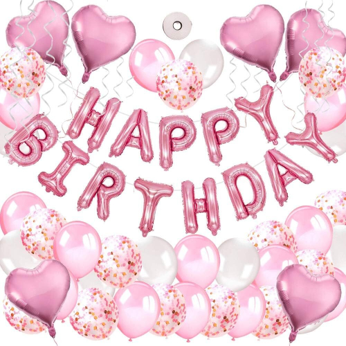 Balloon Party Decorations Supplies, 51pcs Pack with Happy Birthday Banner, Baby Shower, Graduation Foil Heart Shaped Balloon, Confetti Balloons