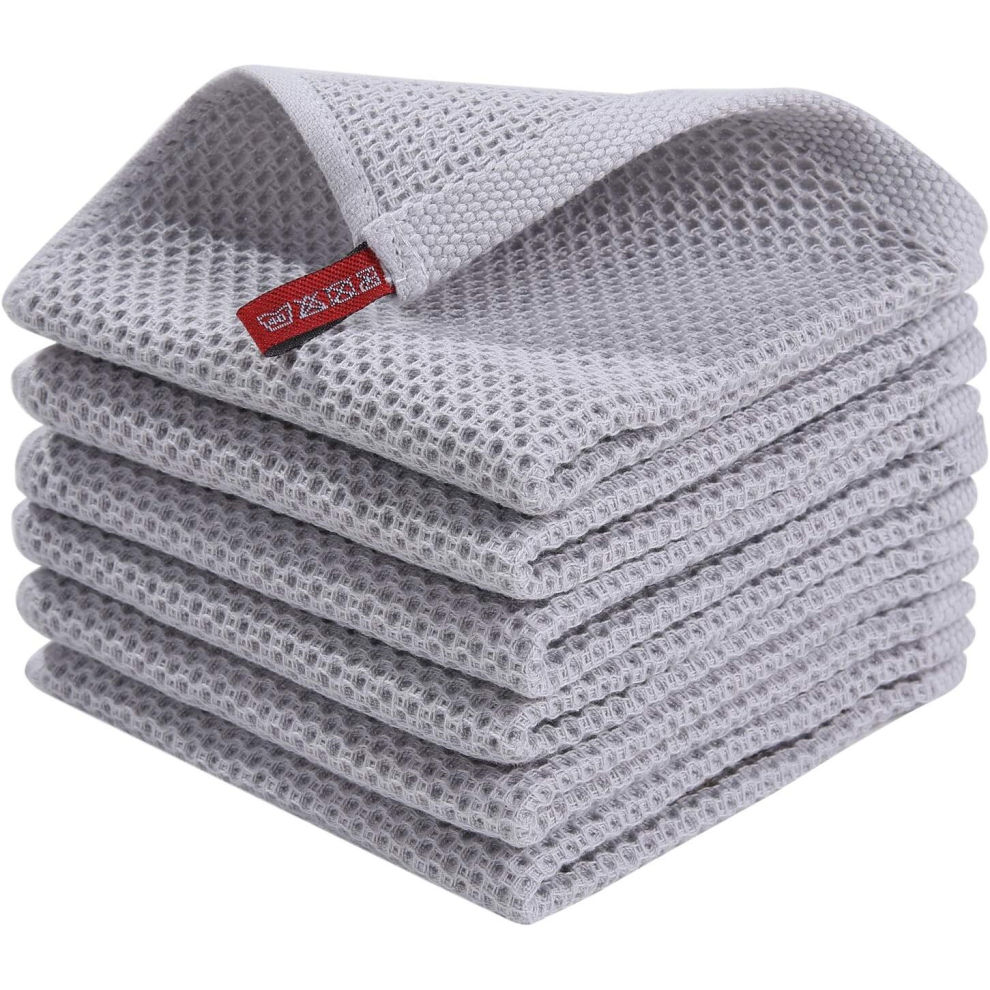 100% Cotton Waffle Weave Kitchen Dish Cloths, Ultra Soft Absorbent Quick Drying Dish Towels, 12x12 Inches, 6-Pack-dark grey