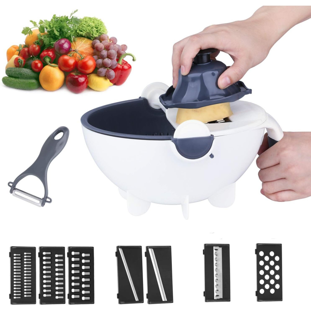 Vegetable Slicer, 11 in 1 Multifunction Mandoline Slicer with Drain Basket, Portable Rotating Vegetable Slicer, Chopper, Grater, Kitchen Vegetabl