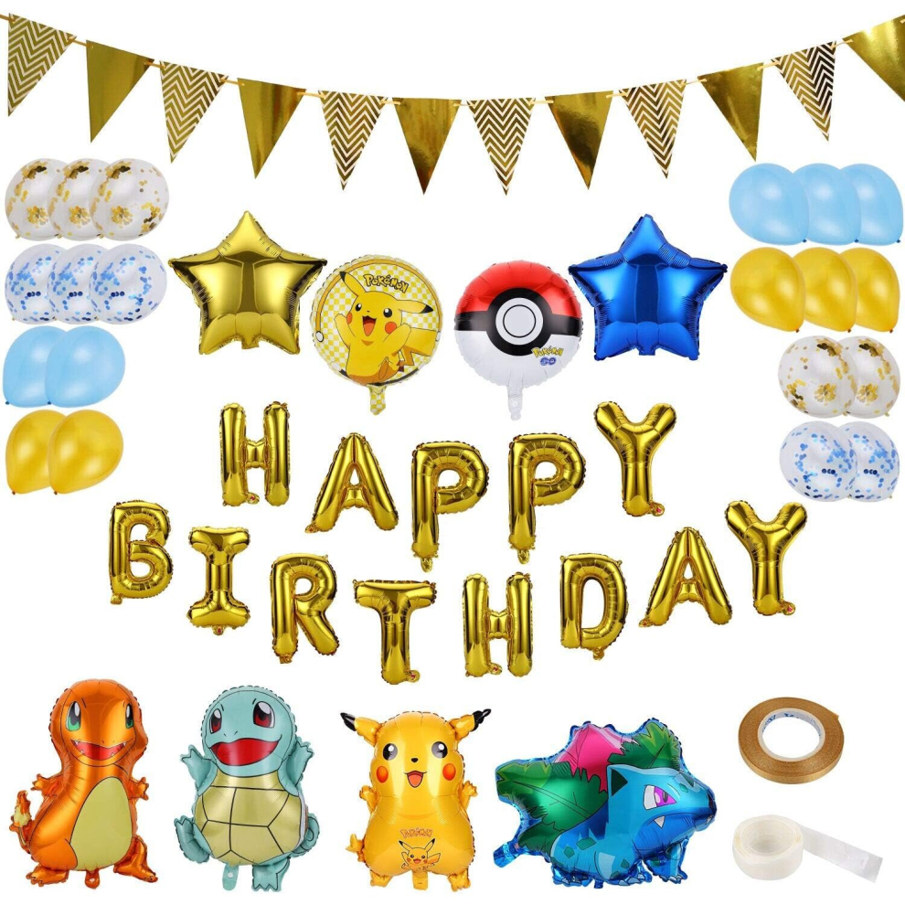 Pokemon Balloons, 35 Pieces Helium Foil Balloons Set Pokemon Pikachu Foil Balloons Party Foil Balloon for Kids Birthday Party Decoration