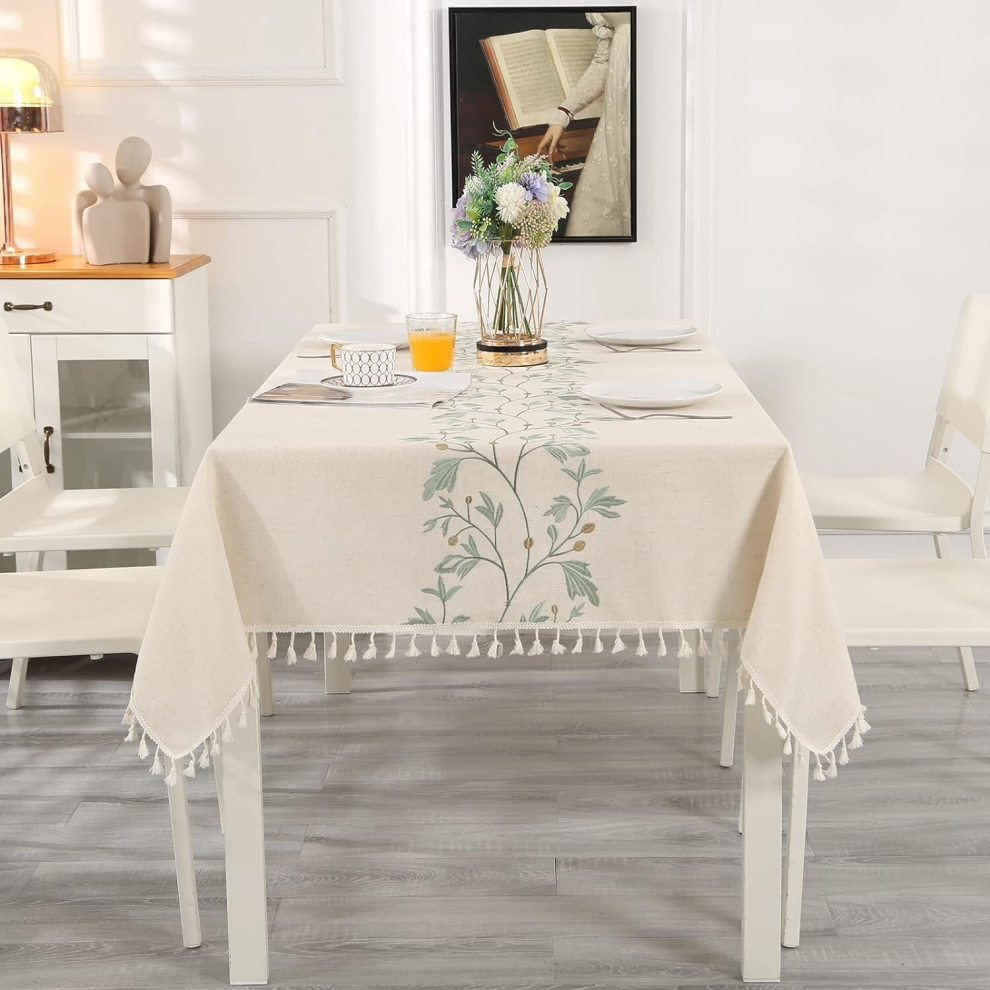 Tablecloth Rectangular Cotton Linen Table Cloth Green Embroidered Leaves for Kitchen, Dining, Party (140x180 cm)