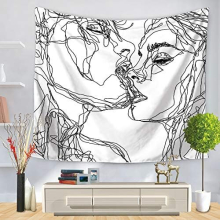 Kissing Lovers Tapestry - Abstract Sketch Art Wall Hanging with Tarot, Skulls & Roses - Black White - Bedroom Living Room Dorm Decor