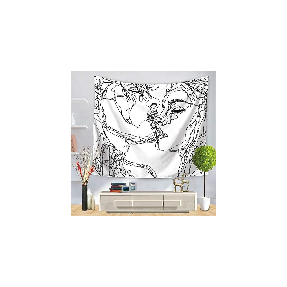Kissing Tapestry for Men Women, Abstract Sketch Art, Kissing Lovers Character Line, Tapestry Wall Hanging for Bedroom Living Room Dorm. Black Whi