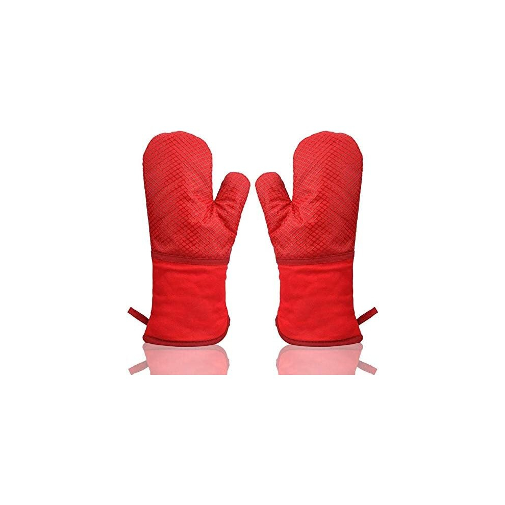 Non-Slip Oven Mitts, Silicone Double Oven Gloves, Professional Thermal Oven Mitts, Heat Resistant Soft Long Cotton Gloves for Kitchen, Baking, BB