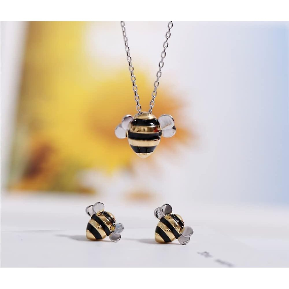 Project Honey Bees - With Bee Necklace, S925 Sterling Silver Yellow Bee Earrings And Necklace Set