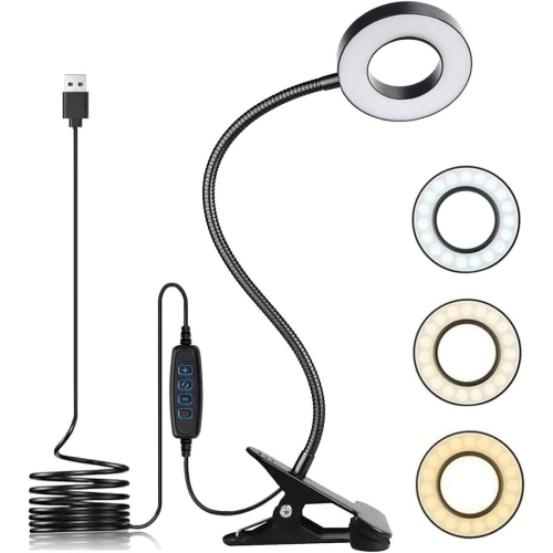 USB LED Desk Lamp Clip On Light, 3 Light Mode 10 Dimmable Brightness Eye Caring Book Light, Adjustable LED Clip Lamp for Reading Studying Workin